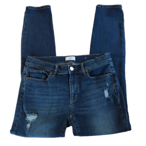 Loft Modern Skinny Mid Rise Dark Wash Distressed Jeans women’s size 6 - Picture 2 of 11